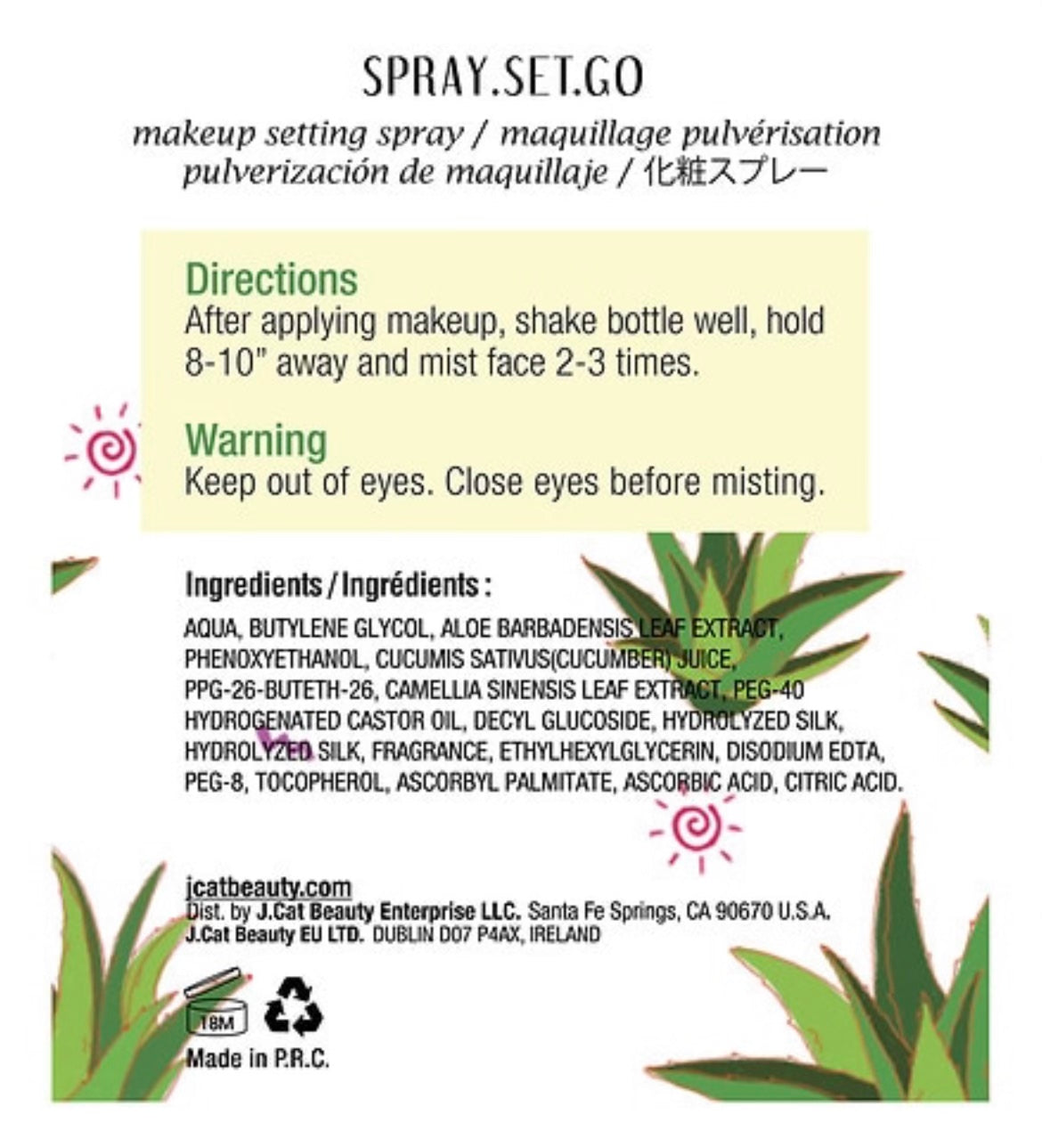 J.Cat - Makeup Setting Spray (Aloe Vera)